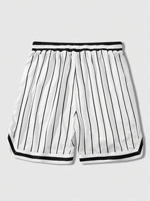 ROMWE MEN Prep Pantalones cortos de hombre con estampado de letras a rayas, cintura con cordón y bloques de color - Multicolor - Ver 2