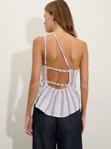 Nöista One-Shoulder Top In Pastel Striped Fabric, Asymmetrical Neckline And Peplum Hem. Perfect For Brunch, Summer, Spring, Vacation, French Coastal - Multicolor - View 2