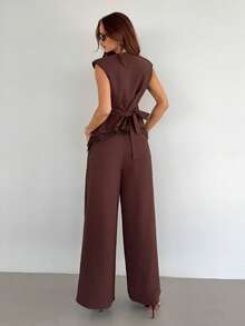 Siren Gaze Summer Women's Elegant Smart Casual Dark Brown Lace Trim Vest And Wide Leg Pant Two Pieces Outfit, Suitable For Office Brunch City Break, Work - Brown - View 3
