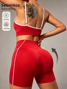 Slayform Women's Colorblock Pleated Cropped Camisole And Shorts Sports Set - Red - View 3
