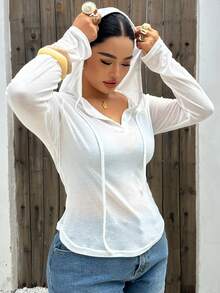 Dazy Plus 素色休閒針織連帽修身百搭長袖大尺碼女款春夏秋T恤 - 白色 - 查看 1