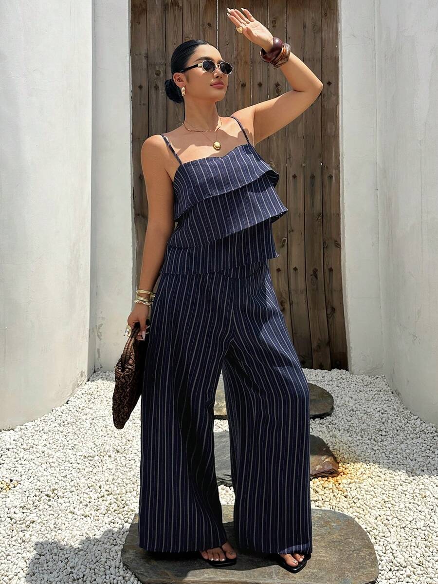 Dazy Plus Spring/Summer Vacation Style Cropped Camisole Top With Ruffle Hem & Casual Long Pants Plus Size Women's 2-Piece Set - Navy Blue - View 1