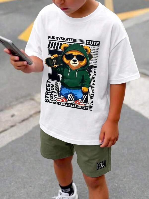 SHEIN Set de 2 piezas de camiseta de cuello redondo con gráfico de oso lindo y pantalones cortos casuales/escolares para niños/preadolescentes, adecuado para ir y venir, escuela, uso casual diario, deportes, primavera/verano