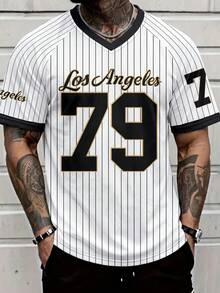 Manfinity Gritte Field 男士 Los Angeles 79 號條紋網眼 V 領運動球衣，快乾透氣棒球短褲 - 彩色 - 查看 1