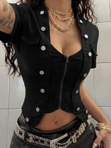 StreetHx Women's Fashion Sexy Front Zipper Denim Top - Black - View 4