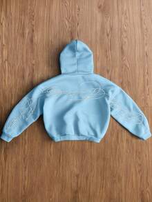 Manfinity Hypemode Men's White Creative Text Graphic Embroidered Metal Zipper Hoodie, Black - Baby Blue - View 2