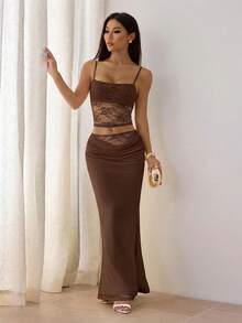SHEIN PETITE Shades Of Brown 夏季時尚夜店風女款蕾絲透視兩件式套裝，露背上衣＋長裙，優雅節慶情人節穿搭，適合嬌小女性 - 棕色 - 查看 6