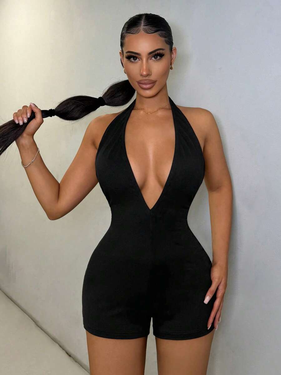 SHEIN SXY 夏季女士黑色時尚運動短褲背心連體褲