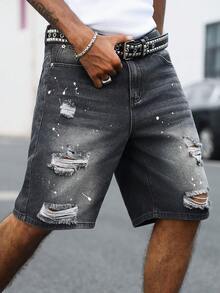 Manfinity EMRG Men's Black Distressed Ripped Paint Splatter Denim Shorts, Street Style Straight Leg Knee-Length - Black - View 6