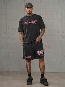Rick and Morty X SHEIN Conjunto de camiseta de cuello redondo de manga corta con estampado de letras estilo hip hop y pantalones cortos con bolsillo para hombres - Negro - Ver 6