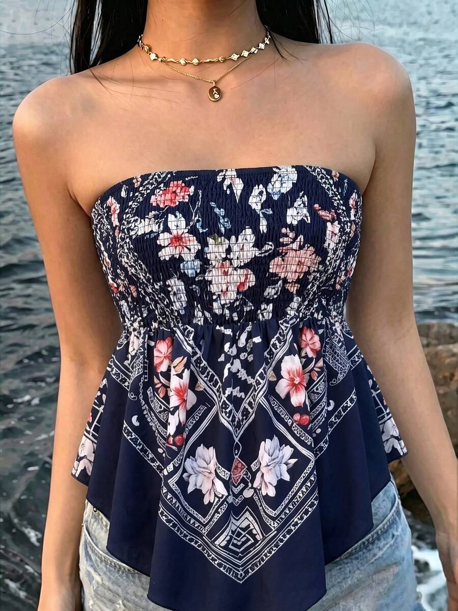 SHEIN 女款印花抹胸上衣 夏季無袖修身收腰性感熱帶波希米亞風復古彈性緊身不對稱小眾背心沙灘穿搭