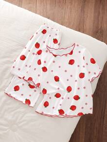 Genkimix Kids Tween Girls Pajamas Summer Sweet Red Strawberry Print Knit Round Neck Contrast Color Frill Trim 2 Pieces Set Loungewear Sleepwear - Multicolor - View 4