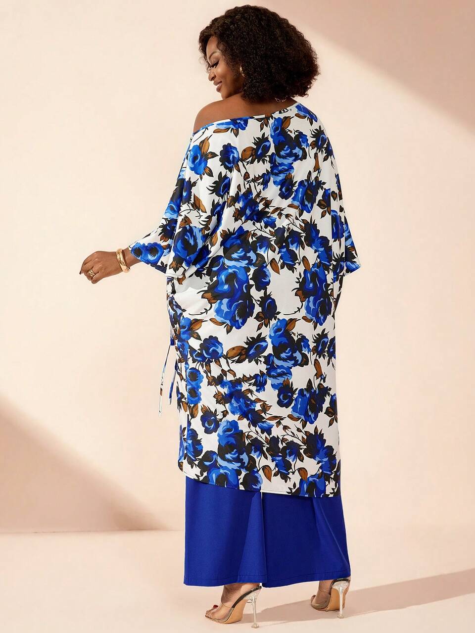 Plus Size Porcelain Floral Print One Shoulder Wide Leg Pants 2pc Set Summer Vacation Outfits Women
