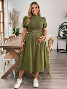 Plussiva Plus Size Maternity Vacation Textured Pleated Puff Sleeve Fashion Dress Photoshoot Summer Elegant Casual Baby Shower - Army Green - View 1