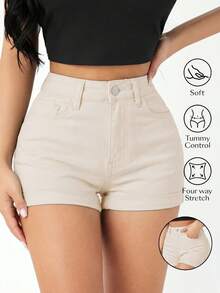 SHEIN PETITE 夏季休閒百搭純色修身牛仔短褲 - 卡其色 - 查看 7