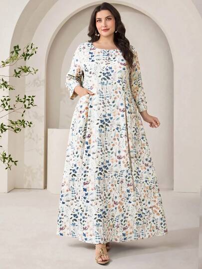 Veilorie Plus Size Women's Vacation Floral Print Round Neck Pocket Design Loose Casual Dress