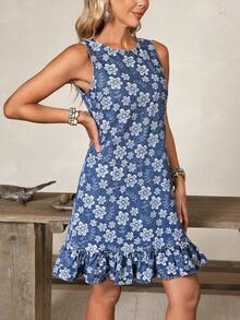 EMERY ROSE Summer Casual Jacquard Ruffle Hem Denim Dress - Blue - View 5