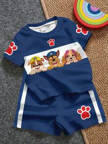 SHEIN | PAW Patrol 男嬰休閒簡約T恤套裝，適合夏季，撞色圖案印花，可愛小狗爪印，經典可愛勇敢卡通圖案印花，Chase、Rubble、小狗小隊圖案印花 - 彩色 - 查看 3