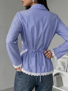 Veilorie Women's Striped Lace Patchwork Pleated Casual Daily Wear Arabic Style Blouse - Blue and White - View 2