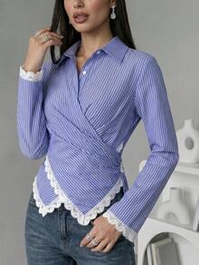 Veilorie Women's Striped Lace Patchwork Pleated Casual Daily Wear Arabic Style Blouse - Blue and White - View 4