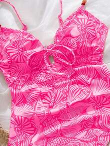Swim Vcay Women's Orange One-Piece Swimsuit With Random Ocean Shell Print, Beaded Decoration And Drawstring Front, Suitable For Summer Beach Vacation - Hot Pink - View 5