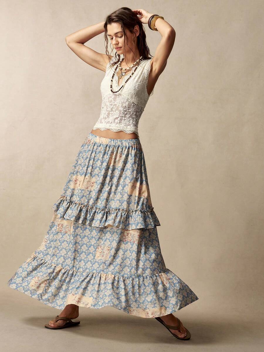Bohemela Women's Elastic Waist All-Over Print Pleated Casual Versatile Daily Skirt - Blue - View 1