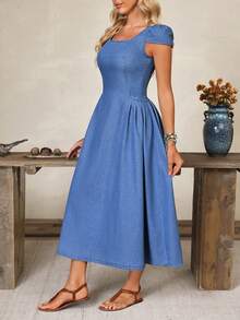 Elenzga Women's Summer Casual Square Neck Denim Dress - Blue - View 12
