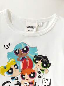 THE POWERPUFF GIRLS X SHEIN Maija Kids 女童圖案針織軟綿圓領短袖套頭T恤與鬆緊腰分層裙褲兩件套 - 彩色 - 查看 4