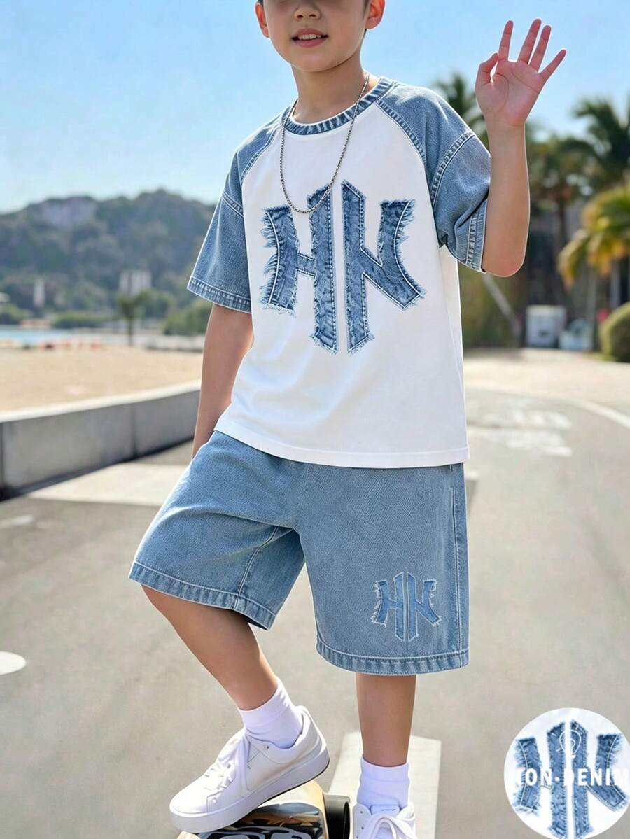 SHEIN 青少年男孩數位英文圖案短袖上衣與短褲套裝,春夏休閒舒適時尚款,適合外出、戶外運動、野餐、街拍、度假、假期,適合作為禮物 - 彩色 - 查看 1
