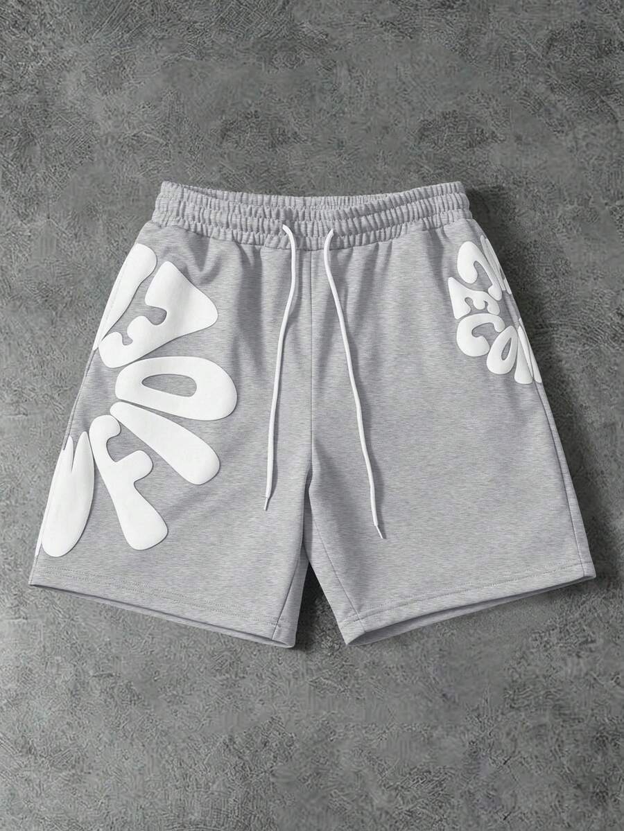 PAVTROS Men's Casual Letter Print Drawstring Shorts For Summer - Light Grey - View 1