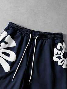 PAVTROS Pantalones cortos casuales y versátiles con estampado de letras y cordón en la cintura para hombres - Azul Marino - Ver 6
