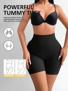 SHEIN Calzoncillos tipo bóxer de cintura alta con control de abdomen y moldeado para mujer, unicolor - Negro - Ver 3