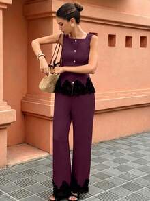 Flora Isola Flora Isola Women's Standard Size Spring/Summer Lace Patchwork Slim Fit Sleeveless Casual Vacation Set - Burgundy - View 4