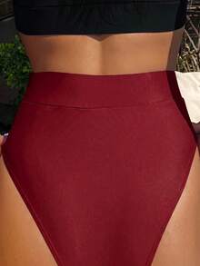 Swim Vcay Solid Color High Waist Bikini Bottom - Burgundy - View 2