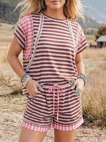Wildy BOHO Casual Western Country Striped Colorblock Patchwork Women's Summer Daily Basic Outfit Pocket T-Shirt And Shorts 2-Piece Set - Multicolor - View 1