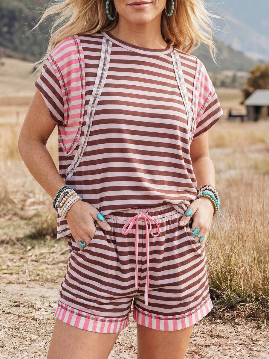 Wildy BOHO Casual Western Country Striped Colorblock Patchwork Women's Summer Daily Basic Outfit Pocket T-Shirt And Shorts 2-Piece Set - Multicolor - View 1