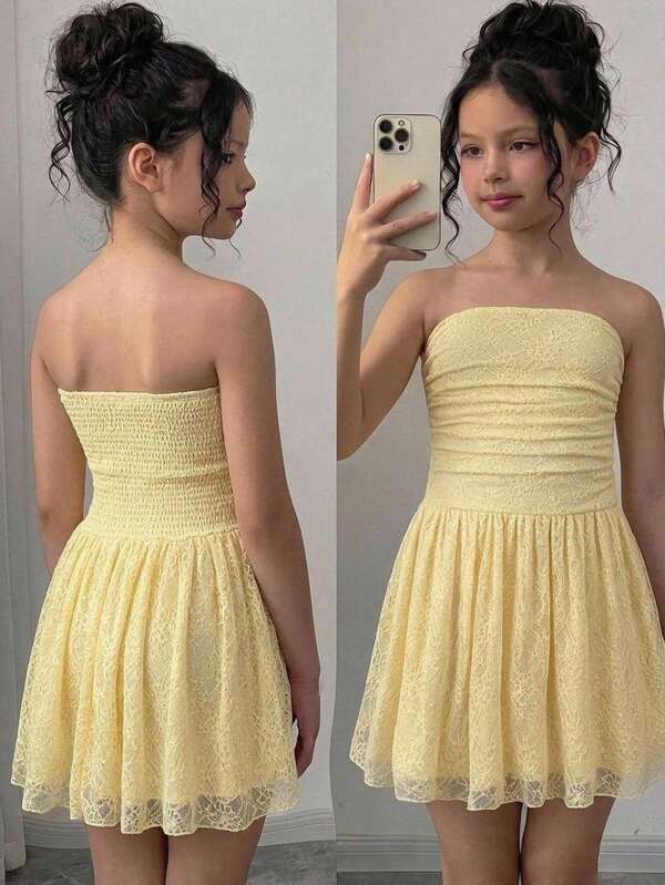 SHEIN Tween Girl Tween Girls Casual Everyday Comfortable Lace Fabric Dress