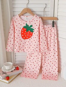 SHEIN Genkimix Kids 女童草莓印花長袖上衣與長褲套裝居家服 - 珊瑚粉 - 查看 3