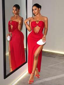 BamGleam Women's Solid Color Hollow Cutout Design Sexy Party Strapless Dress - Red - View 4