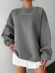 SHEIN Cottnline Sudadera Holgada Con Hombros Caídos Y Estampado De Eslogan - Gris - Ver 3