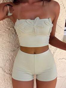 Bonvoyette Damen einfarbiges Stoff-Tanktop mit Blumenakzent, Bandeau-Bauchkontroll-Top und quadratische Shorts, 2 Stücke Badeanzug-Set für tägliche Strandpartys, lässige Urlaube, einfach und elegant - Khaki - Übersicht 1