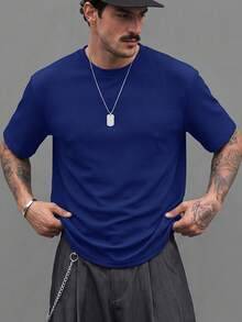 GENTILAND Camiseta holgada de hombro caído para hombre de color sólido - Neblina azul - Ver 1