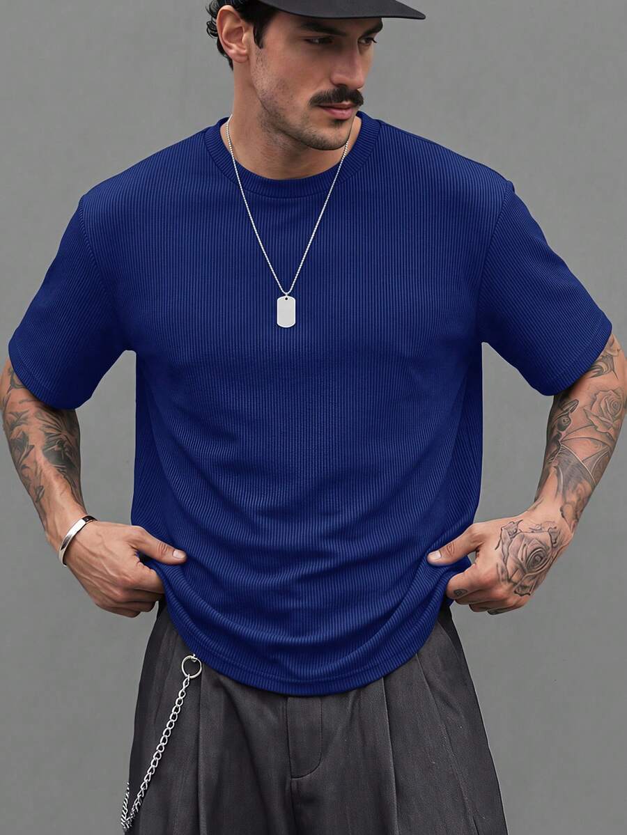 GENTILAND Camiseta holgada de hombro caído para hombre de color sólido - Neblina azul - Ver 1