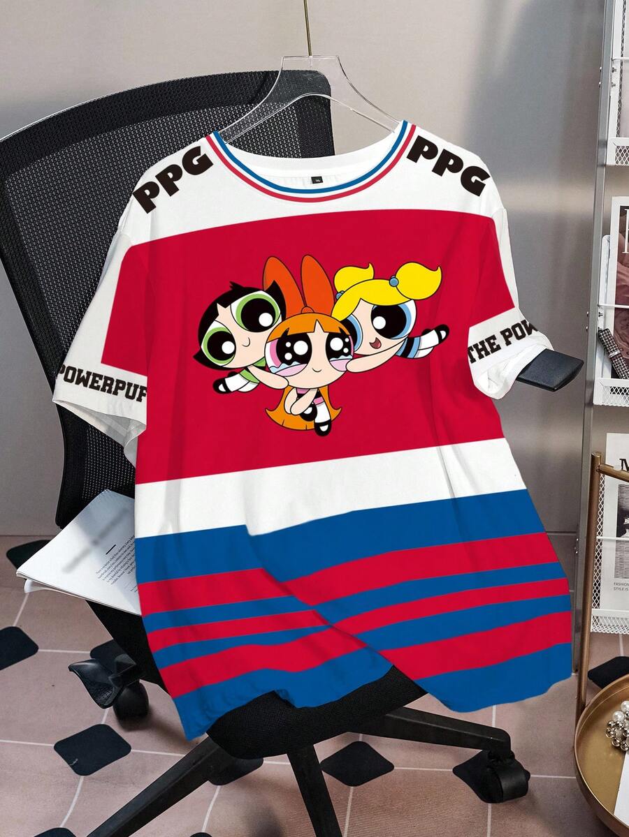 THE POWERPUFF GIRLS X SHEIN 大尺碼女款圓領卡通印花休閒日常夏季T恤 - 白色 - 查看 1