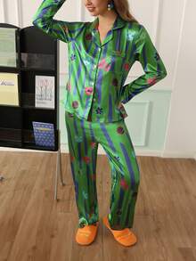 Chillnights Young Colorblock Cat Doodle Flower Planet Stripe Print Lapel Button Satin Women's Pajama Set - Green - View 4