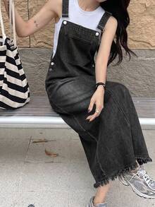 Teen Girls Blue Denim Loose Overall Dress - Black - View 3