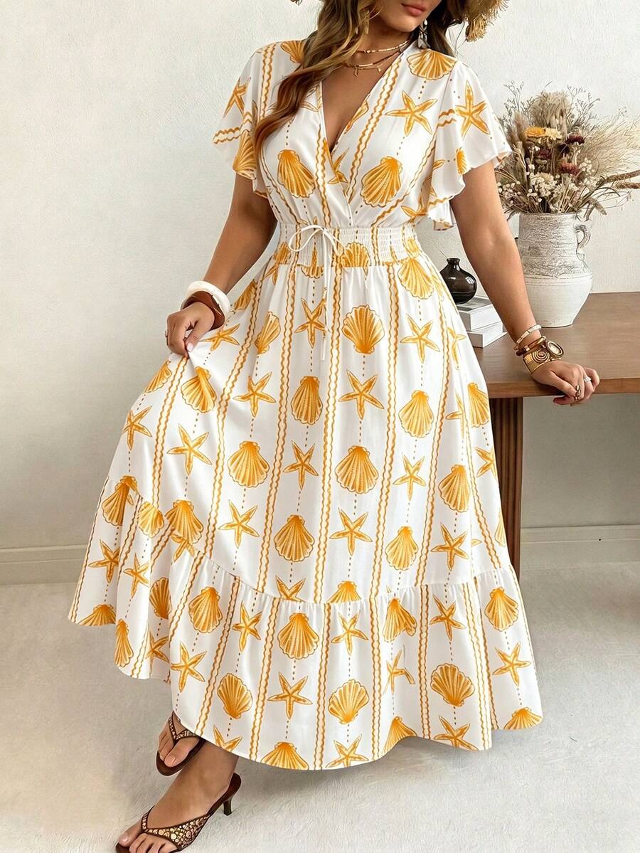 Ceyna 大尺碼女款夏季新款波希米亞印花度假休閒洋裝,海洋海星貝殼風格,荷葉袖收腰設計,海灘度假黃色 - 黃色 - 查看 1