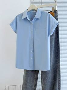 SHEIN PETITE 女款純色休閒百搭日常夏季襯衫 淺藍色 適合辦公 - 藍色 - 查看 3