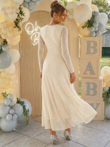 Loomaby Elegant Maternity Solid Color Party Photoshoot Dress, Gender Reveal Dress, Baby Shower Dress, Wedding, Birthday Autumn Allover White - Yellow - View 4