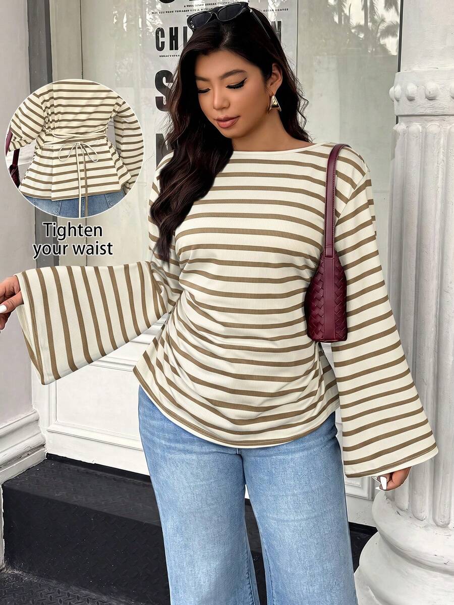 Easura Women's Autumn/Winter Wide Collar Flared Sleeve Pleated Ribbed Ribbed Top - Multicolor - View 1